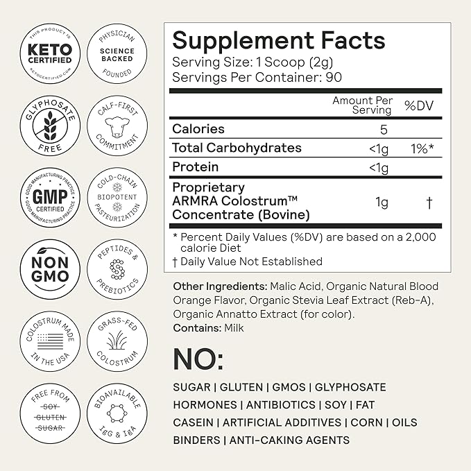 ARMRA Colostrum™ Powder | Blood Orange | Gut Health & Bloating | Skin & Hair | Immunity | Keto, Gluten & Fat-Free | 90 Servings