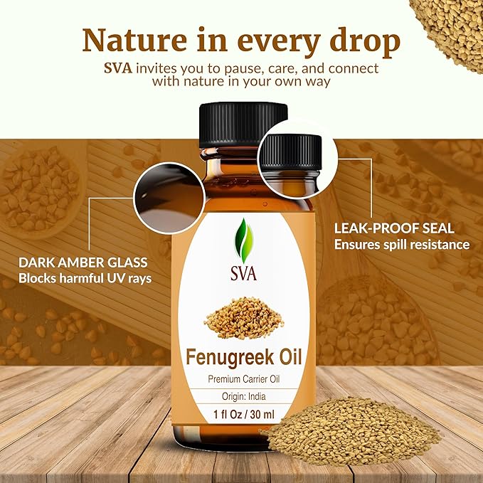 SVA Fenugreek Seed Oil - 1 Fl Oz – 100% Natural Cold Pressed Fenugreek Oil - for Face, Skin Care, Hair Care, Scalp Massage & Body Massage – Carrier Oil with Dropper
