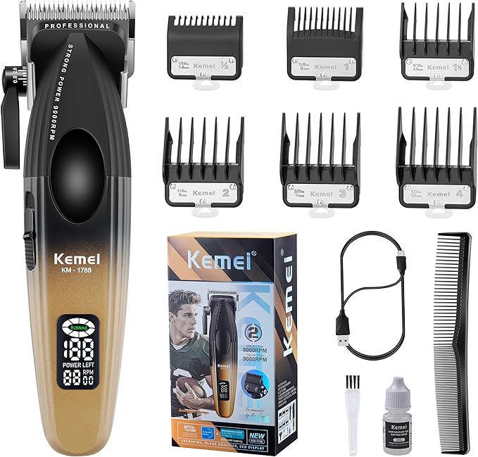 KEMEI 1788 Professional Hair Clippers for Men, Cordless Barber Clipper with LED Display, 9000 RPM Clippers for Hair Cutting with 2500 mAh Battery