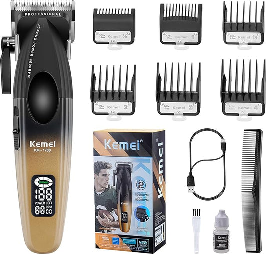 KEMEI 1788 Professional Hair Clippers for Men, Cordless Barber Clipper with LED Display, 9000 RPM Clippers for Hair Cutting with 2500 mAh Battery