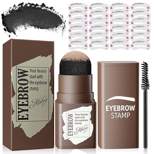 Eyebrow Stamp Stencil Kit - Eyebrow Powder with Brush Long-Lasting & Waterproof Brow Shaping Kit with 24 Reusable Thin & Thick Eyebrow Stencils for Natural Eyebrow Color (Black)