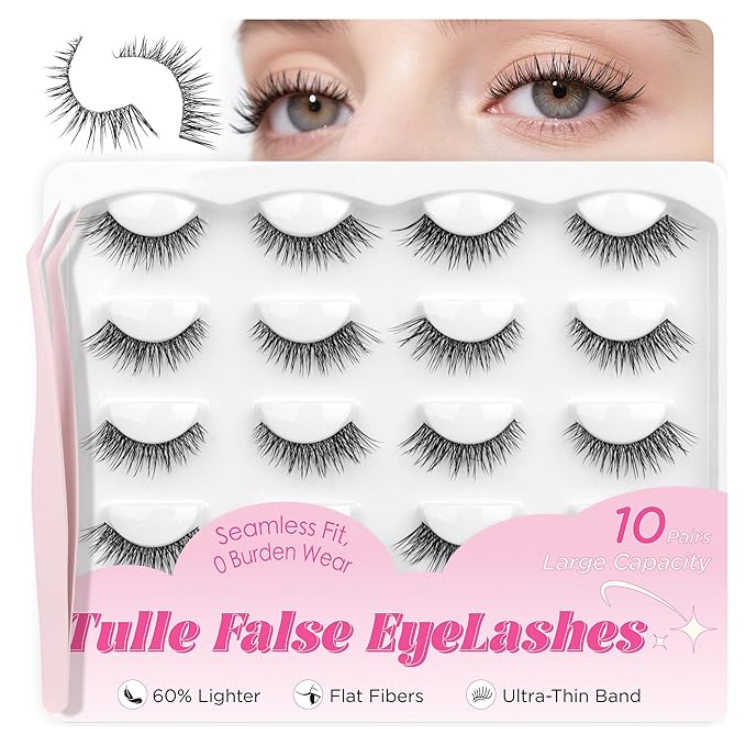 BEPHOLAN False Eyelashes With Tweezers- Ultra-thin False Lashes10 Pairs Eyelashes Pack Natural look Lash Strips Lightweight Lashes with Soft Clear Band(CCS117)