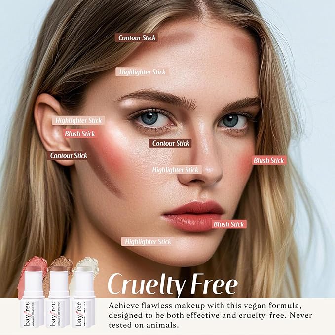 KIMUSE Face Sticks Trio, Cream Blush Stick & Highlighter Stick & Contour Stick for Sculpt the Cheeks, Long Lasting Cream Contour Stick Trio for Face Makeup, with Brush