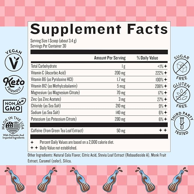 Legendairy Milk She’s Electric – Cola Flavor, Energy Powder Clean Energy Hydration Powder - Sugar Free - Calorie Free - Vitamin B6 & Vitamin B12 - Green Tea Extract - Beverage, Drink Mix