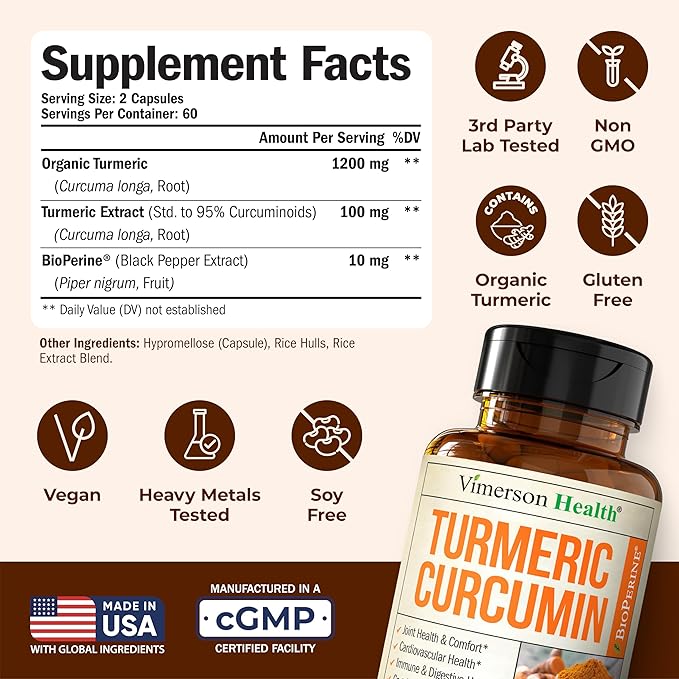 Turmeric Curcumin Supplement with Black Pepper Extract - High Potency Organic Turmeric 1200mg & 95% Curcuminoids for Joint & Digestive Health - Joint Support Supplement - 120 Vegan Curcuma Capsules