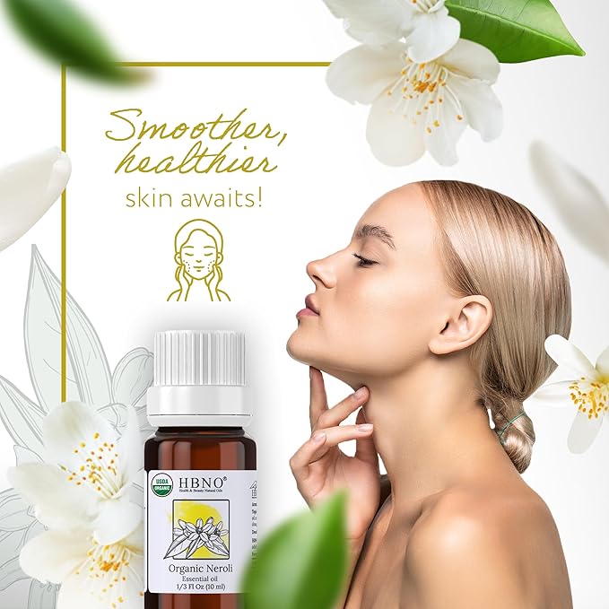 HBNO Organic Neroli Essential Oil- 1/3 oz (10ml) Size - Ideal for Diffusers, Cleaning Agents, Skincare, and Haircare.
