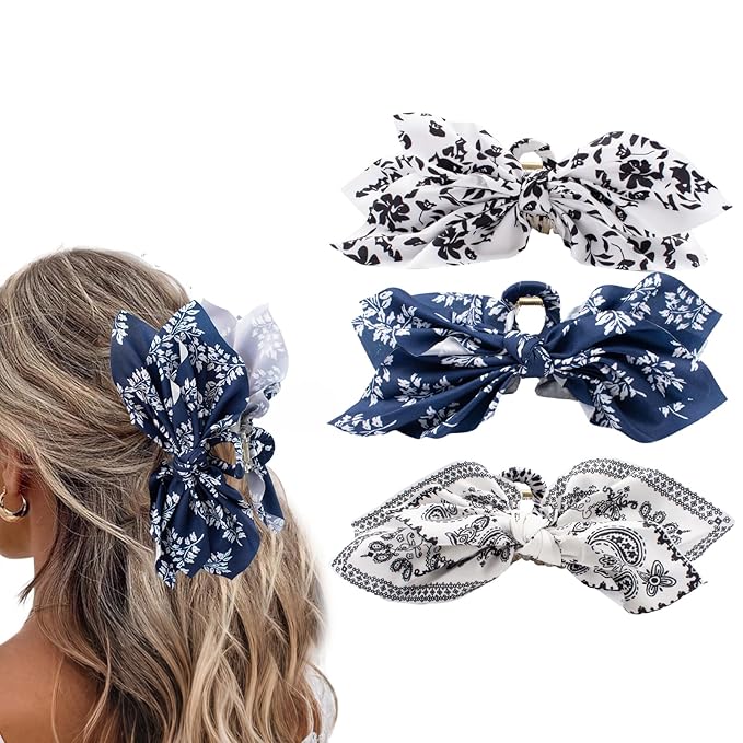 Bow Claw Clips Bow Hair Clips Blue White 3PCS Big Hair Bows for Women Butterfly Styling Large Hair Clips for Thick Hair for Girls Hair Accessories for Teen