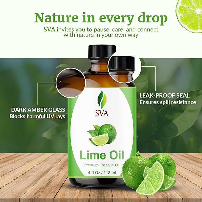 SVA Lime Essential Oil – 4 Fl Oz – 100% Natural Lime Oil - for Diffuser, Hair Care, Face, Skin Care, Aromatherapy, Scalp and Body Massage, Soap and Candle Making - with Dropper