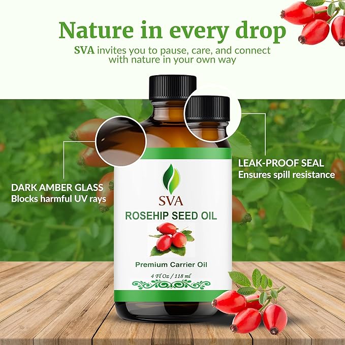 SVA Rosehip Seed Oil - 4 Fl Oz – 100% Natural & Cold Pressed - for Face, Skin Care, Hair Care, Scalp Massage & Body Massage – Carrier Oil with Dropper