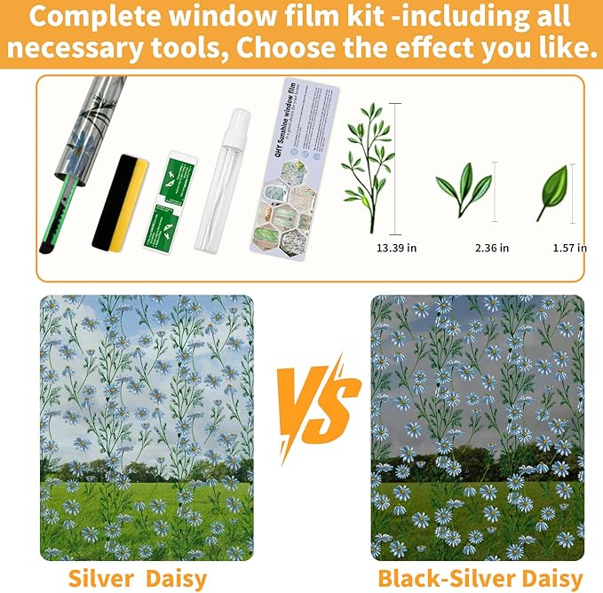 One Way Privacy Film, Window Tint for Home,Daytime Reflective, Anti UV Static Cling Sliding Door Coverings No Glue Garage Solar Paper (Black - Silver-Daisy, 35.4 x 157.4 in)