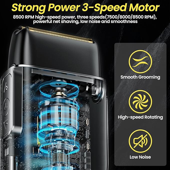 Electric Foil Shavers for Men, 3 Speed Electric Razor for Men, High Speed Dual Floating Blades, IPX7 Waterproof Wet & Dry, LED Display, USB Type C Charging, Foil Razor for Face/Beard/Head (Black)