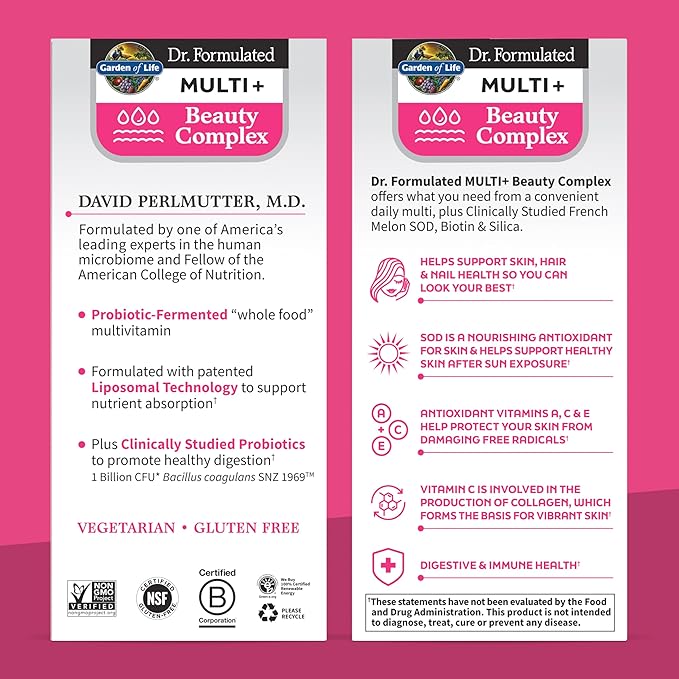 Garden of Life Dr Formulated Multi+ Beauty Complex Fermented Liposomal Multivitamin Plus Hair Skin and Nails Vitamins, French Melon SOD, Biotin & Probiotics, 30 Capsules, Supplement for Women & Men