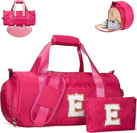 4 Year Old Girl Birthday Gift, Girls Travel Duffel Bag, Kids Initial Overnight Bags with Shoe Compartment, Customized Sport Gym Weekender Bag with Makeup Pouch, Gifts for Teens (Letter E)