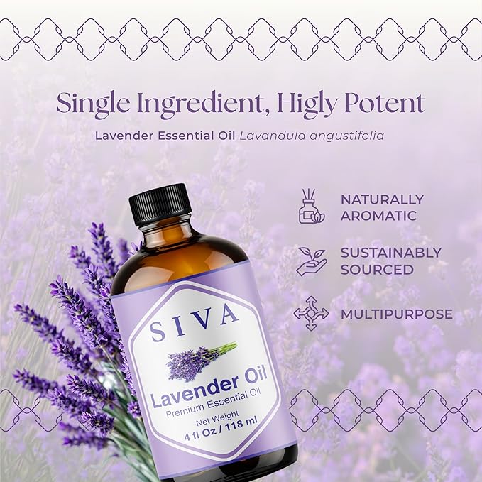 Siva Lavender Essential Oil - 4 Fl Oz – 100% Natural Lavender Oil - for Diffuser, Face, Skin Care, Aromatherapy, Hair Care, Scalp and Body Massage - with Dropper