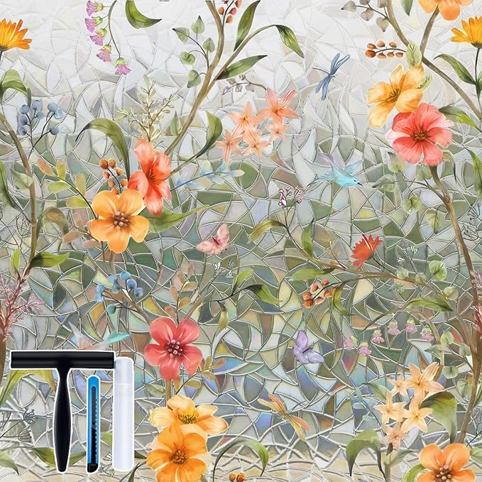 Volcanics Stained Glass Window Film with Installation Tools, Rainbow Window Privacy Film, Decorative Window Clings for Glass Windows, Static Cling Sun Blocking Floral Decals, 35.4 x 78.7 Inch