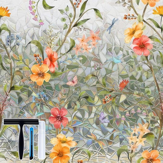 Volcanics Stained Glass Window Film with Installation Tools, Rainbow Window Privacy Film, Decorative Window Clings for Glass Windows, Static Cling Sun Blocking Floral Decals, 17.5 x 78.7 Inch