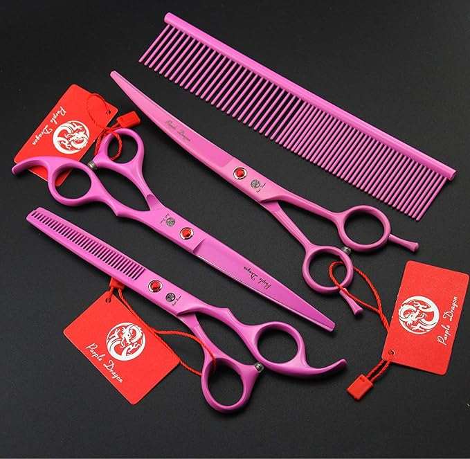 Purple Dragon 7.0 inch Pink 3PCS Pet Grooming Scissors Cat Dog Hair Cutting & Thinning Shears Set for Women Female Pet Groomer