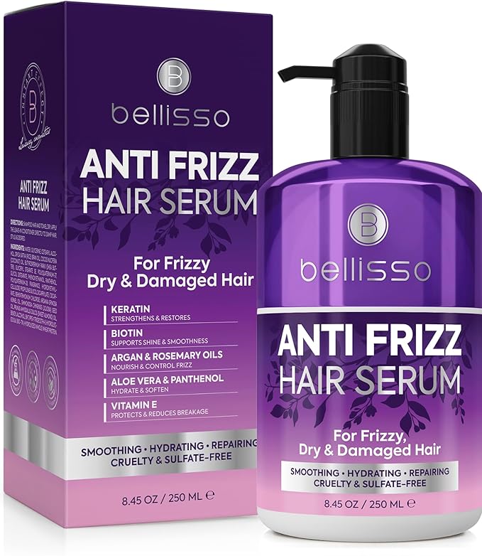 BELLISSO Anti Frizz Hair Serum for Frizzy and Damaged Hair - Humidity Treatment Control - Styling and Smoothing Products for Women and Men - 8.45 Fl Oz