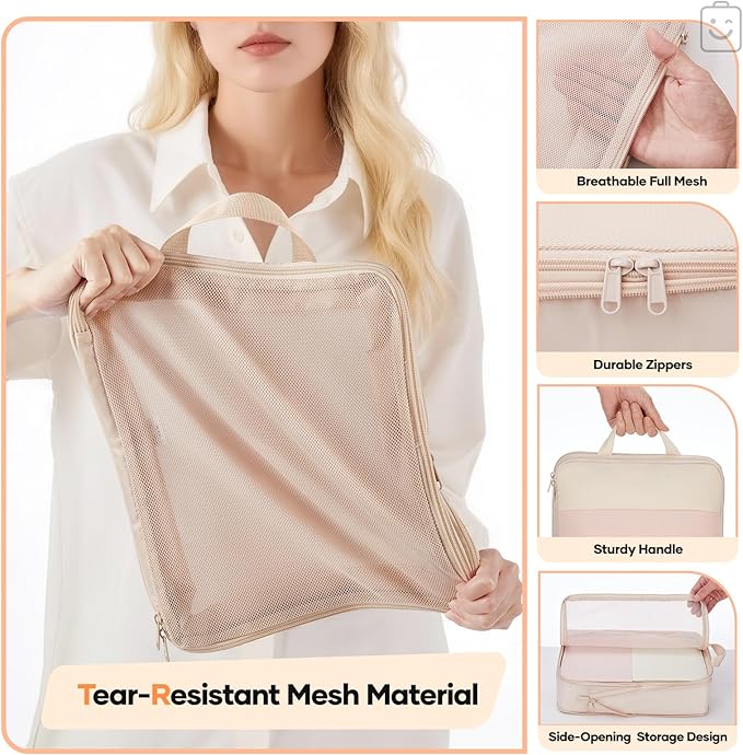 Veken 2/6/9/11 Set Compression Packing Cubes for Travel Essentials,Compressible Expandable Large Luggage Suitcase Organizer Bags for Clothing,Durable Space Saver Storage Bags(Beige)