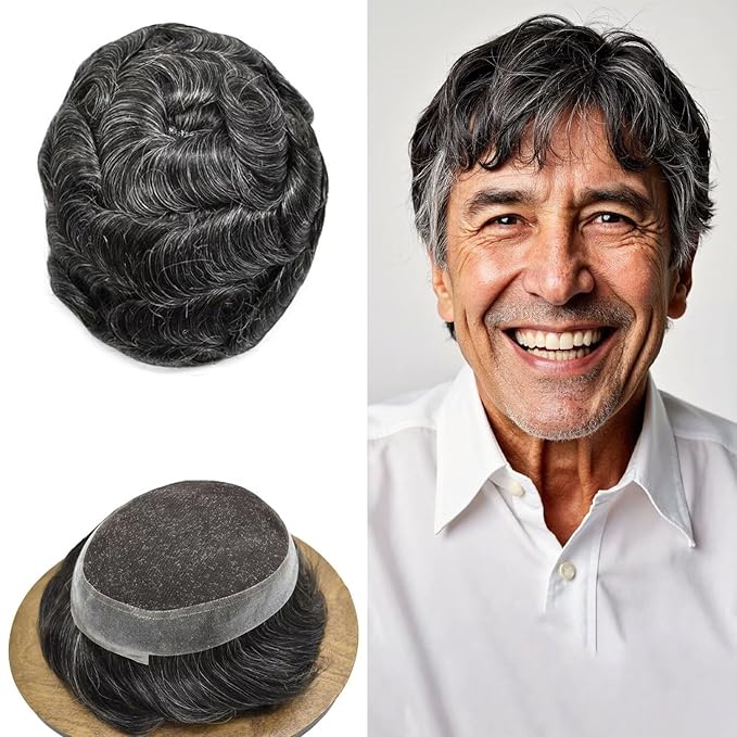 FACE MIRACLE Toupee for Men French Lace Hairpiece Human Hair Replacement System Skin PU Mens Toupee V-Looped Front Hair Piece 6X9#1B40 1B# OFF BLACK WITH 40% SYNTHETIC GREY-80% Light Density