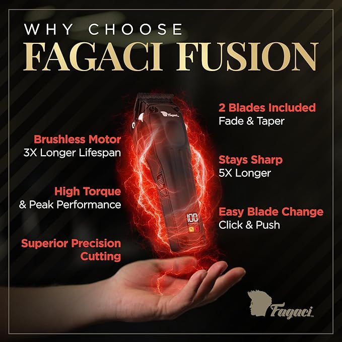 Fagaci Professional Hair Clippers for Men with Superior Precision, 5X Longer Sharpness Professional Barber Clippers Cordless with 2 Blades Fade & Taper, Brushless Motor Mens Hair Clipper Cordless Set
