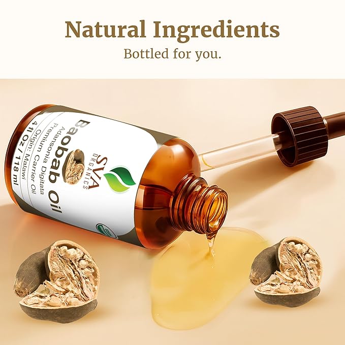 SVA Baobab Seed Oil Organic - 4 Fl Oz – 100% Natural Cold Pressed Organic Baobab Oil - for Face, Skin Care, Hair Care, Scalp Massage & Body Massage – Carrier Oil with Dropper