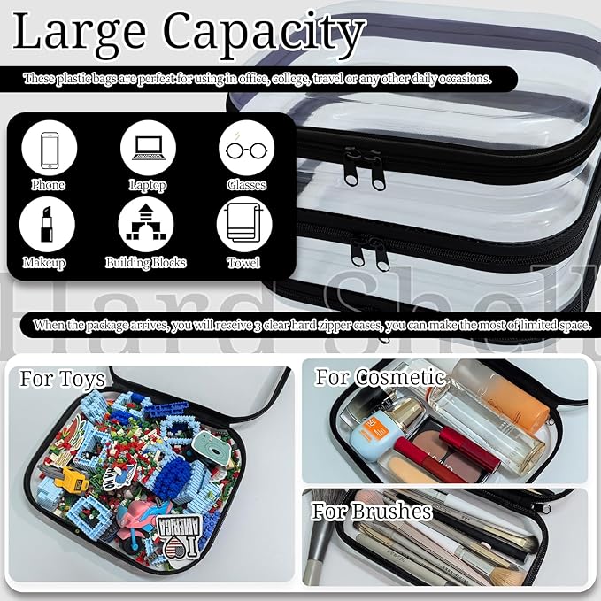3 Piece Clear Hard Shell Zipper Case, Hard Plastic Clear Makeup Bag, TSA Approved Anti-Crush Toiletry Cosmetic Organizer Pouches for Travel & Daily