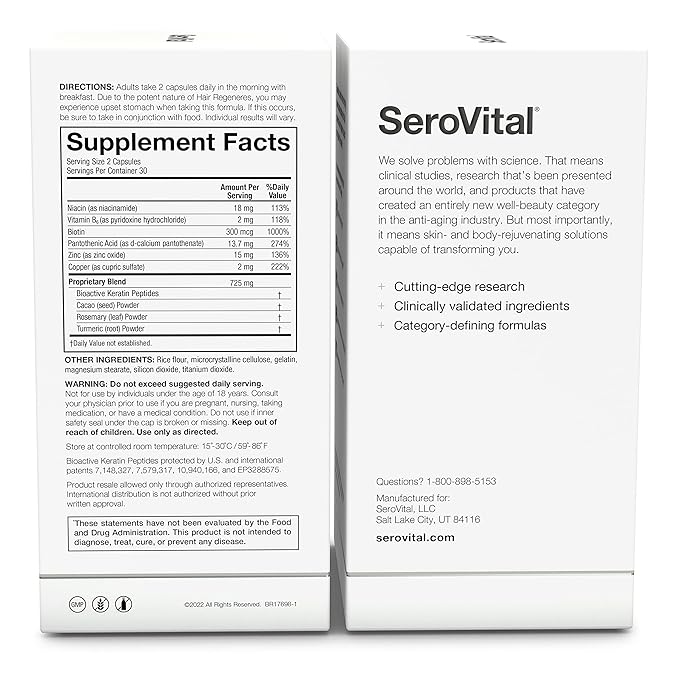 Serovital Hair Regeneres - Enhanced Hair Growth Vitamins for Women, Decrease Hair Loss and Shedding, Strengthen and Thicken Hair, Reduce Greying and Breakage, Regrow Hair, Hair Vitamins - 60 Count