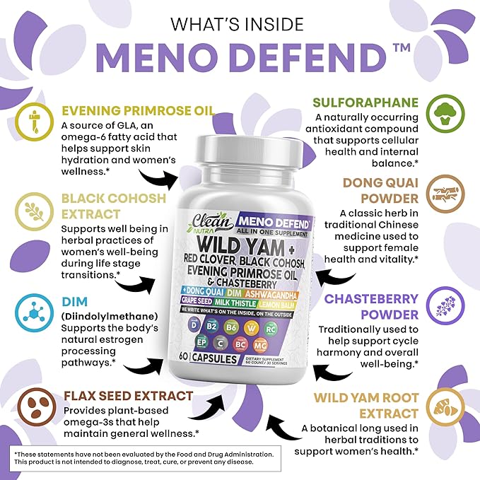 Clean Nutra Wild Yam Root Capsules with Red Clover Black Cohosh Evening Primrose Oil Chasteberry Dong Quai DIM Ashwagandha Grape Seed Extract Milk Thistle Lemon Balm and more Hormone Balance For Women