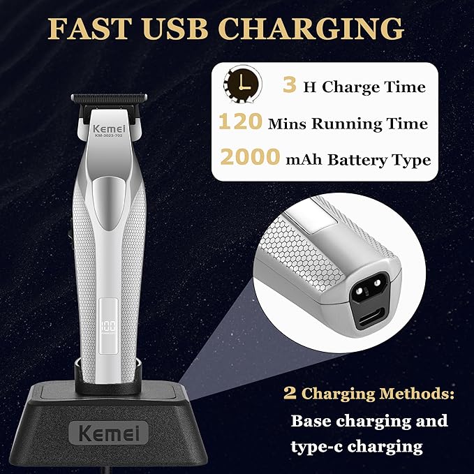 KEMEI 3023-702 Hair & Beard Trimmer for Men, 9000 RPM Zero Gapped Trimmers for Barbers with Full Metal Body, Professional Hair Clippers with LED Display, Ceramic and DLC Blades