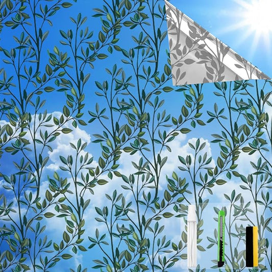 One Way Privacy Film, Window Tint for Home,Daytime Reflective, Anti UV Static Cling Sliding Door Coverings No Glue Garage Solar Paper (Silver-Leaves, 17.5 x 78.7 in)