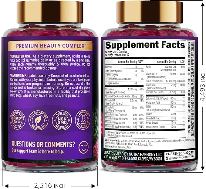 Biotin Gummies with Collagen - Hair Growth Support Skin, & Nail Strength - for Women & Men - Biotin 10000mcg | Keratin | Hyaluronic Acid | B-Complex | Saw Palmetto - Sugar-Free, Mixed Berry - 60 Gummy