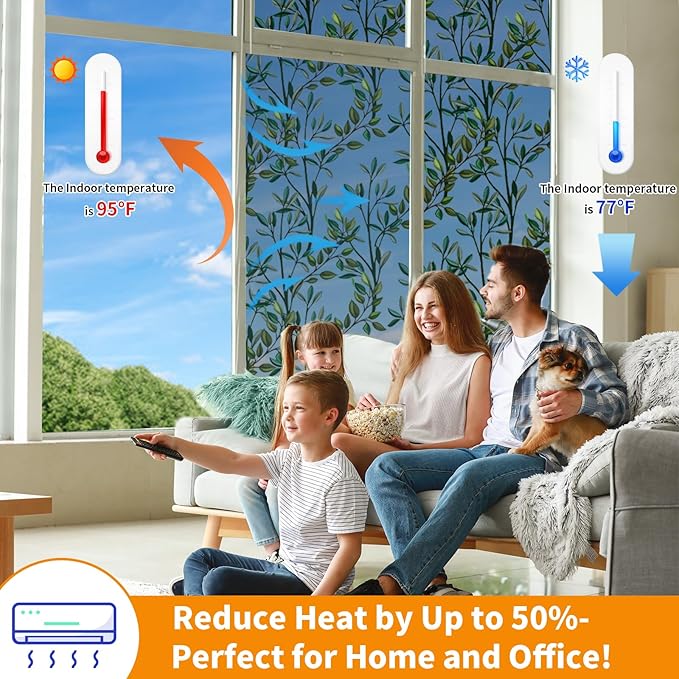 One Way Privacy Film, Window Tint for Home,Daytime Reflective, Anti UV Static Cling Sliding Door Coverings No Glue Garage Solar Paper (Black - Silver-Leaves, 45.27 x 157.4 in)