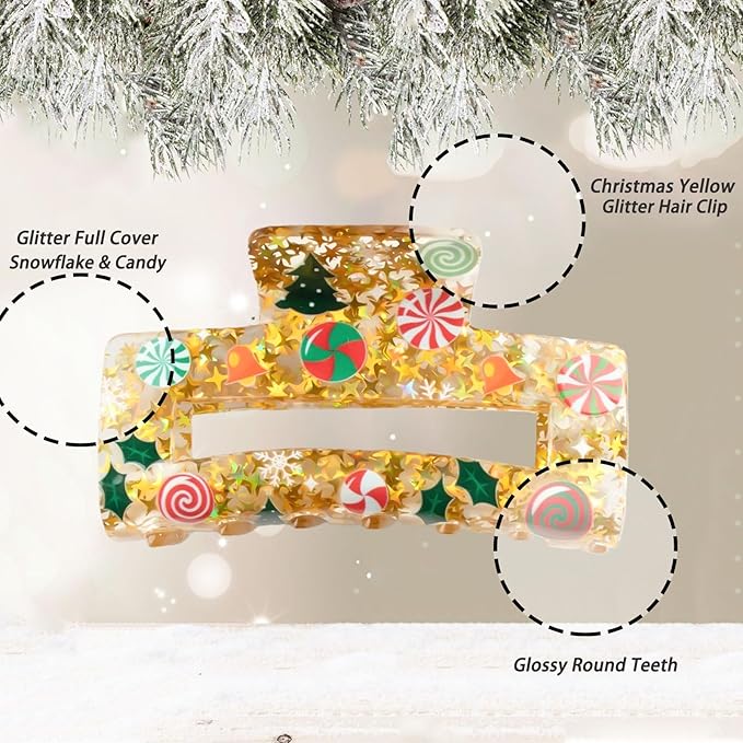 Christmas Hair Clips, Square Hair Claw Clips for Thick/Thin Hair, Yellow Glitter Cane Candy Christmas Tree Design Medium Claw Clips, Strong Hold & Non-Slip Hair Styling Accessories for Xmas 1PCS