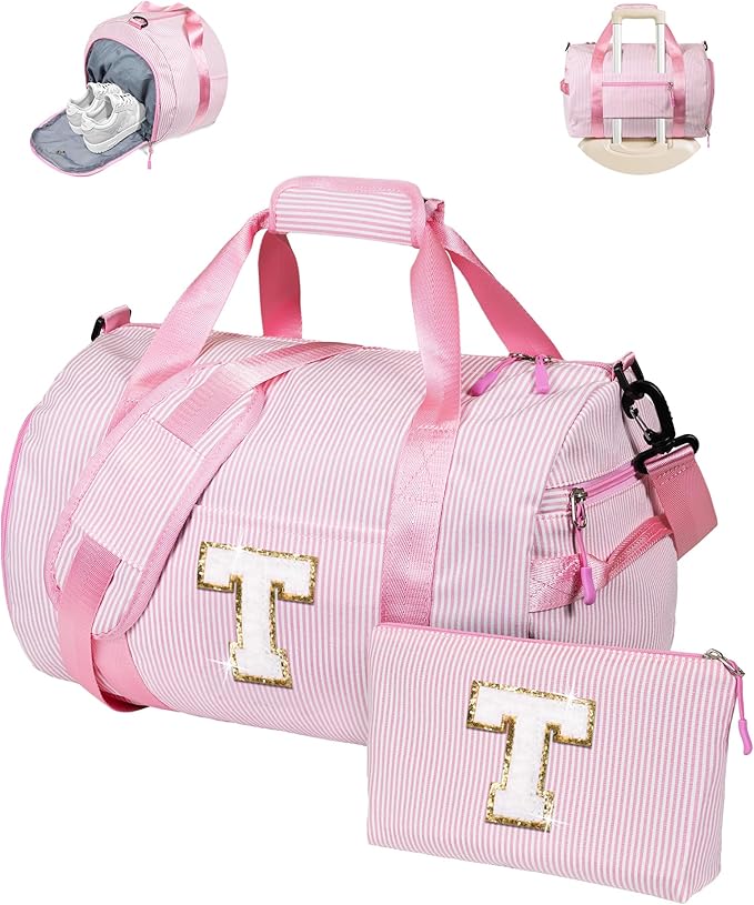 Teen Girl Gifts Trendy Stuff, Girls Travel Duffle Bag, Kids Initial Overnight Bags with Shoe Compartment, Personalized Weekender Bag with Makeup Pouch, Gift for 6 Year Old Kid (Letter T)