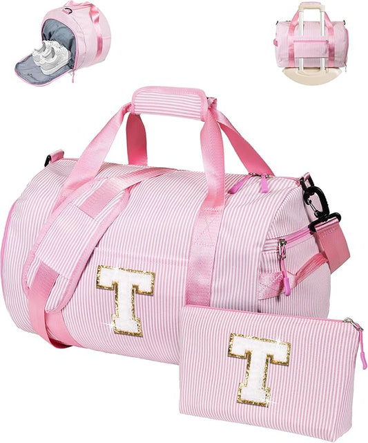 Teen Girl Gifts Trendy Stuff, Girls Travel Duffle Bag, Kids Initial Overnight Bags with Shoe Compartment, Personalized Weekender Bag with Makeup Pouch, Gift for 6 Year Old Kid (Letter T)