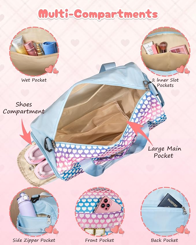 Sweet Gift for Teen, Girls Travel Duffel Bag, Kids Initial Overnight Bags with Shoe Compartment, Initial Duffle Bag with Makeup Pouch, 3 4 5 6 7 8 Year Old Girl Birthday Gifts (Letter T)