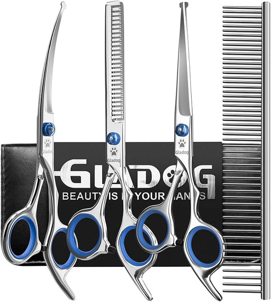 GLADOG Professional 5 in 1 Dog Grooming Scissors Set with Safety Round Tips, Sharp and Heavy-duty Pet Grooming Shears for Cats