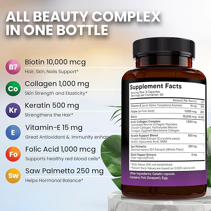 NEW AGE Biotin Collagen Keratin Hyaluronic Acid - 50,000mcg Hair Growth Vitamins for Men and Women, Nails, Hair, Skin Vitamins and DHT Blocker with Vitamin E Folic Acid Pumpkin Seed MSM - 90 Count