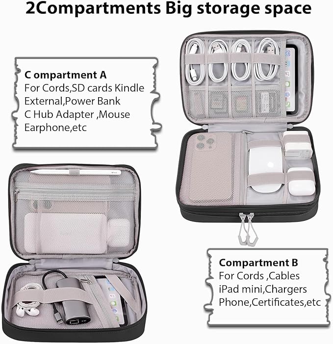 DDgro Travel Electronic Accessory Organizer for Keeping Cables Cords Chargers Phone Earphones SD Cards, Double Layers Storage Pouch Bag (Black, PU-Large)