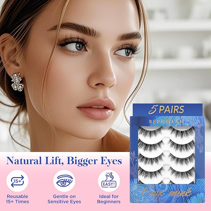 Bepholan Fales Eyelashes 7-14mm Natural Look 3D Volume Eyelashes Pack 5 Pair Soft Thin Black Band Fluffy Fake Lashes Easy to Apply(C0217)