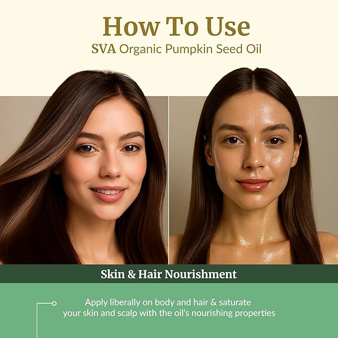 SVA Pumpkin Seed Oil Organic - 4 Fl Oz – 100% Natural Cold Pressed Organic Pumpkin oil - for Face, Skin Care, Hair Care, Scalp Massage & Body Massage – Carrier Oil with Dropper