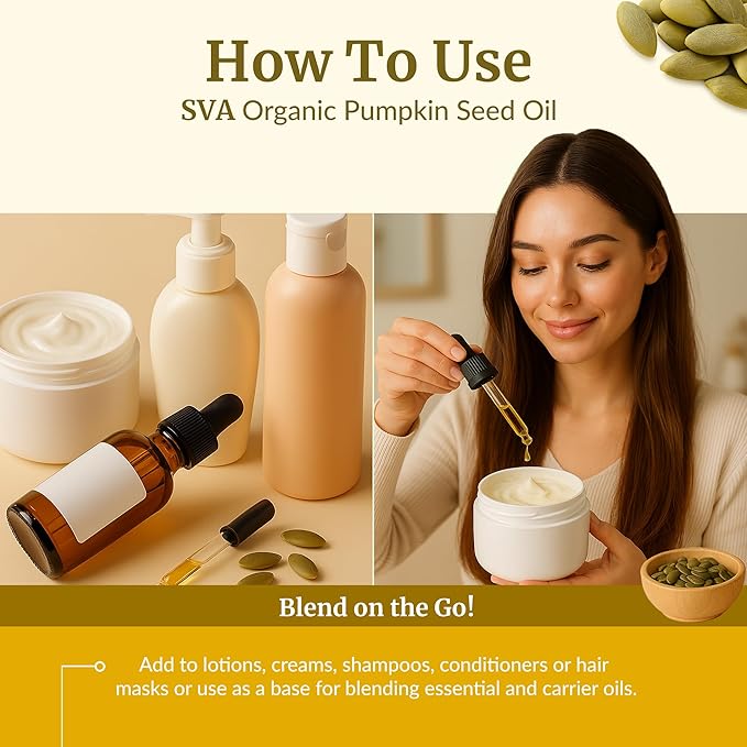 SVA Pumpkin Seed Oil Organic - 2 Fl Oz – 100% Natural Cold Pressed Pumpkin Seed Oil - for Face, Skin Care, Hair Care, Scalp Massage & Body Massage - with Dropper