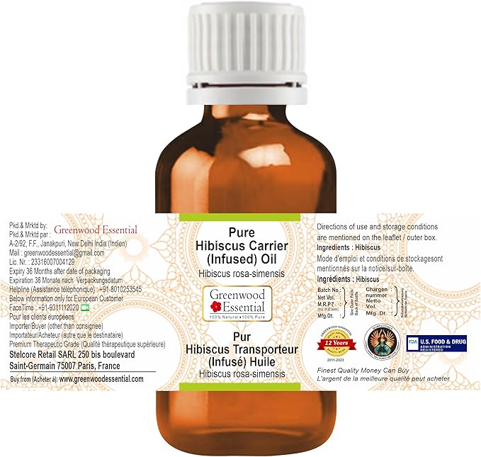 Greenwood Essential Hibiscus Oil (Hibiscus rosa-sinensis) | Traditionally Extracted | Adds Shine | Pure | Non-Sticky | Lightweight | For Hair Blends | For Men & Women | All Hair Types | 15ml (0.50 oz)