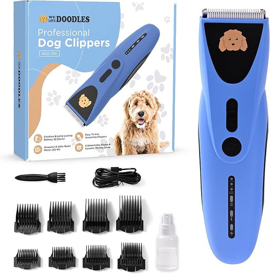 We Love Doodles Dog Clippers for Thick Coats - Powerful and Ultra Quiet Dog Trimmer for Grooming, Cordless Hair Trimmer, 8 Detachable Blades Pet Clippers, Easy to Use Clippers