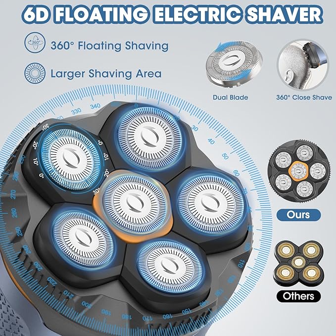 6D Electric Head Shaver for Men, Magnetic Wet & Dry Razor Electric Razor Hair Trimmer, IPX6 Waterproof, LED Display, Rechargeable Cordless Grooming Kit