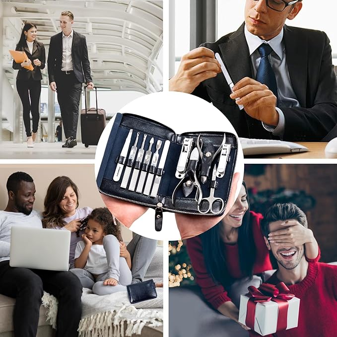 Manicure Kit, FAMILIFE Professional Manicure Set Nail Kit, 11 in 1 Stainless Steel Nail Clippers Set for Men Pedicure Kit, Men Grooming Kit with Portable Blue Leather Travel Case Luxury Gifts for Him