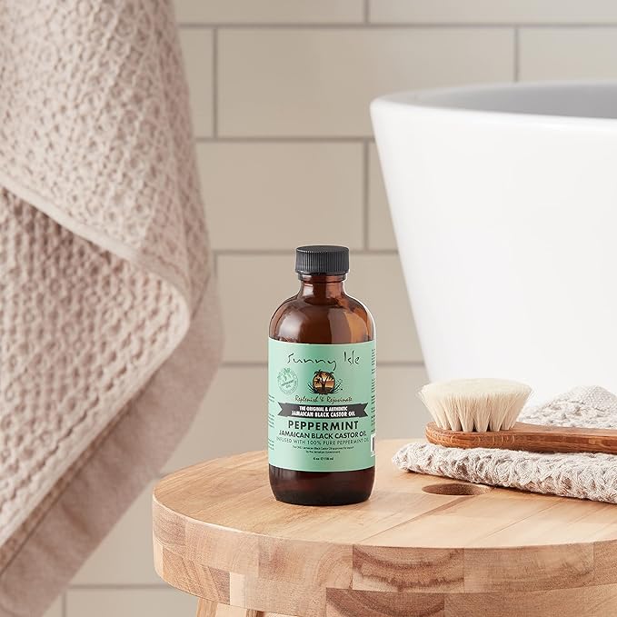 Sunny Isle Jamaican Black Castor Oil with Peppermint 4oz | Promotes Longer, Thicker, Hair | Soothes Dry Itchy Scalp | Moisturizes Skin & Helps with Eczema, Psoriasis and Muscle Aches