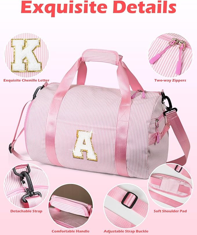 Teen Girl Gifts Trendy Stuff, Girls Travel Duffle Bag, Kids Initial Overnight Bags with Shoe Compartment, Personalized Weekender Bag with Makeup Pouch, Pink Gift for Niece (Letter C)