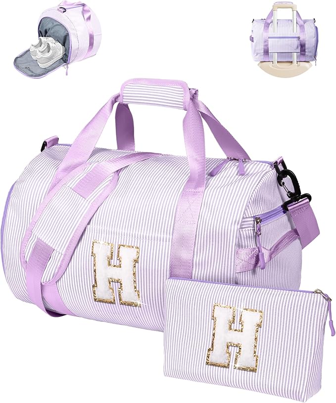 Gifts for 3 4 5 6 7 8 Year Old Girl, Girls Travel Duffle Bag, Kids Initial Overnight Duffel Bags with Shoe Compartment, Personalized Dance Bag with Cosmetic Pouch, Gift for Tweens (Letter H)
